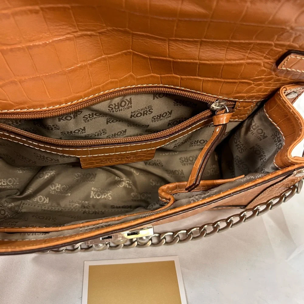 Cognac Croc-Embossed Leather Shoulder Bag with Silver Chain